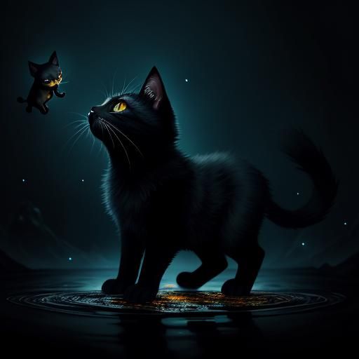 Black Kitten Formed from Ink Catches Firefly