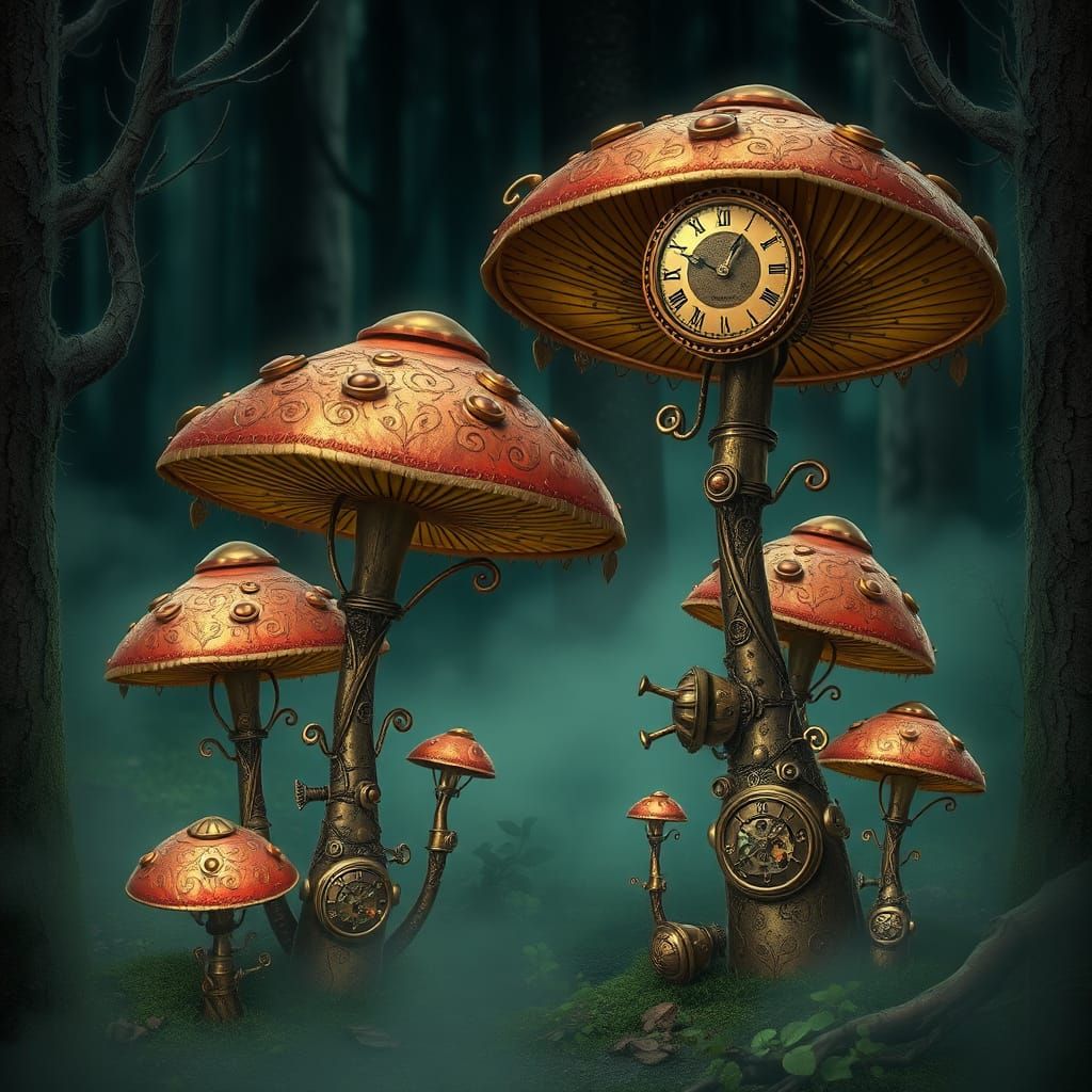 Whimsical Steampunk Mushrooms in Eerie Forest