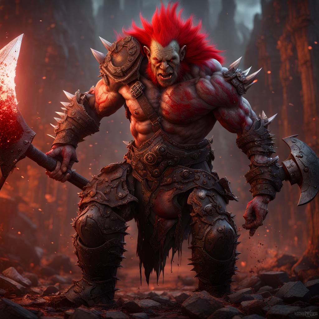 Muscular Orc Berserker in Red Armor, Detailed Matte Painting