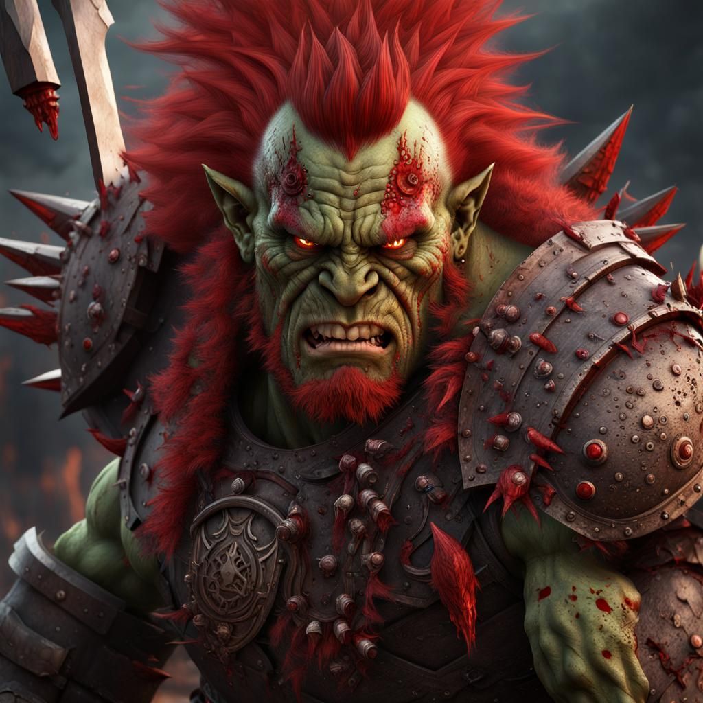 Muscular Orc Chief in Red Armor, Detailed Matte Painting