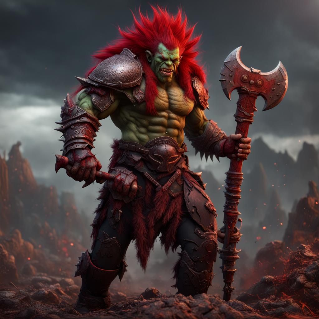 Muscular Orc Warrior in Red Armor: Fantasy Concept Art