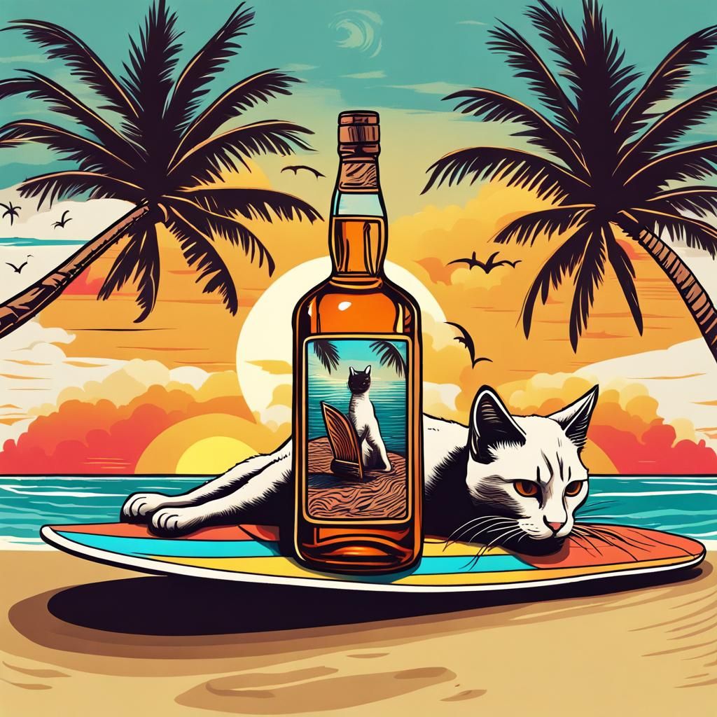 Cat Surfing on Beach at Sunset: Abstract Art