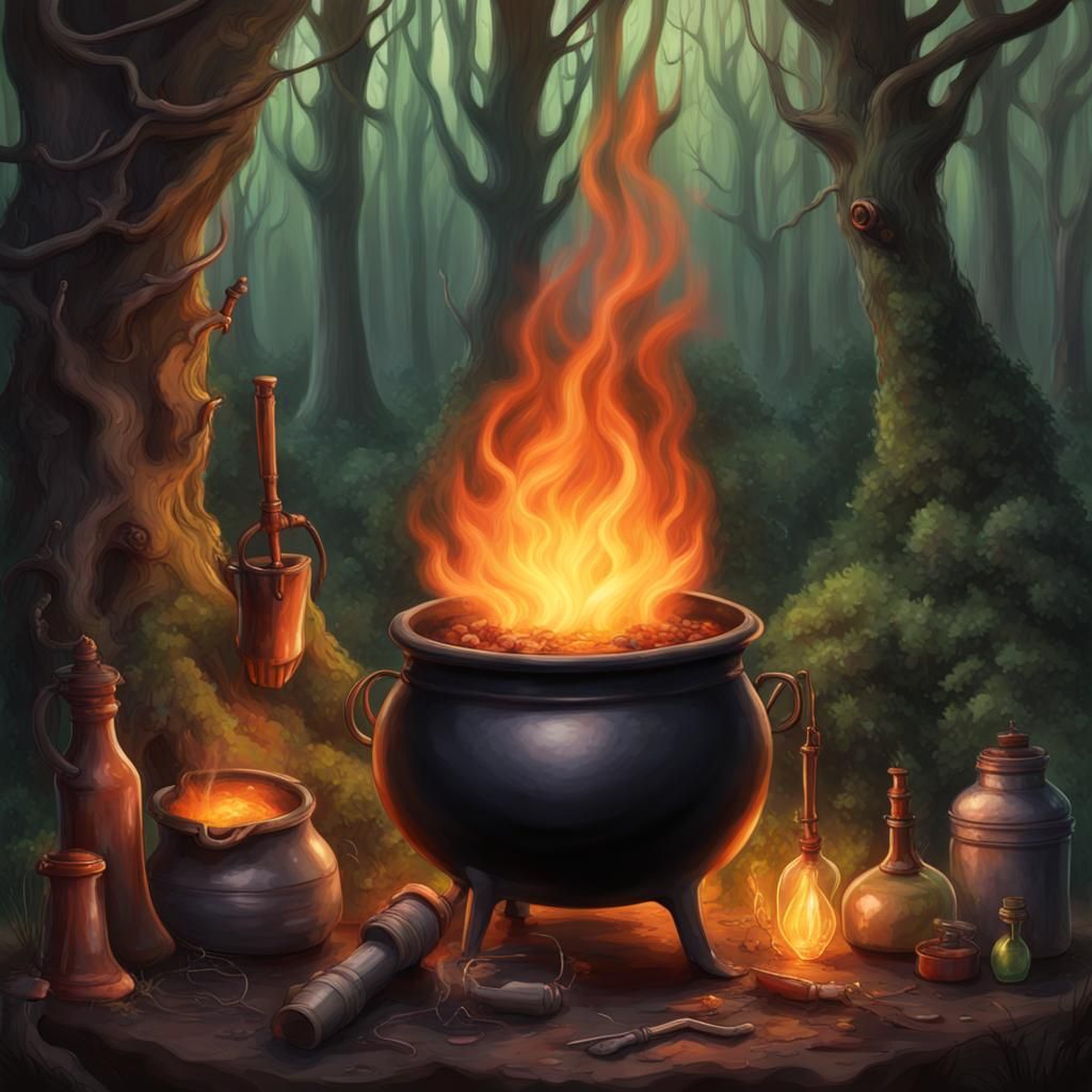 Detailed Forest Witch with Cauldron