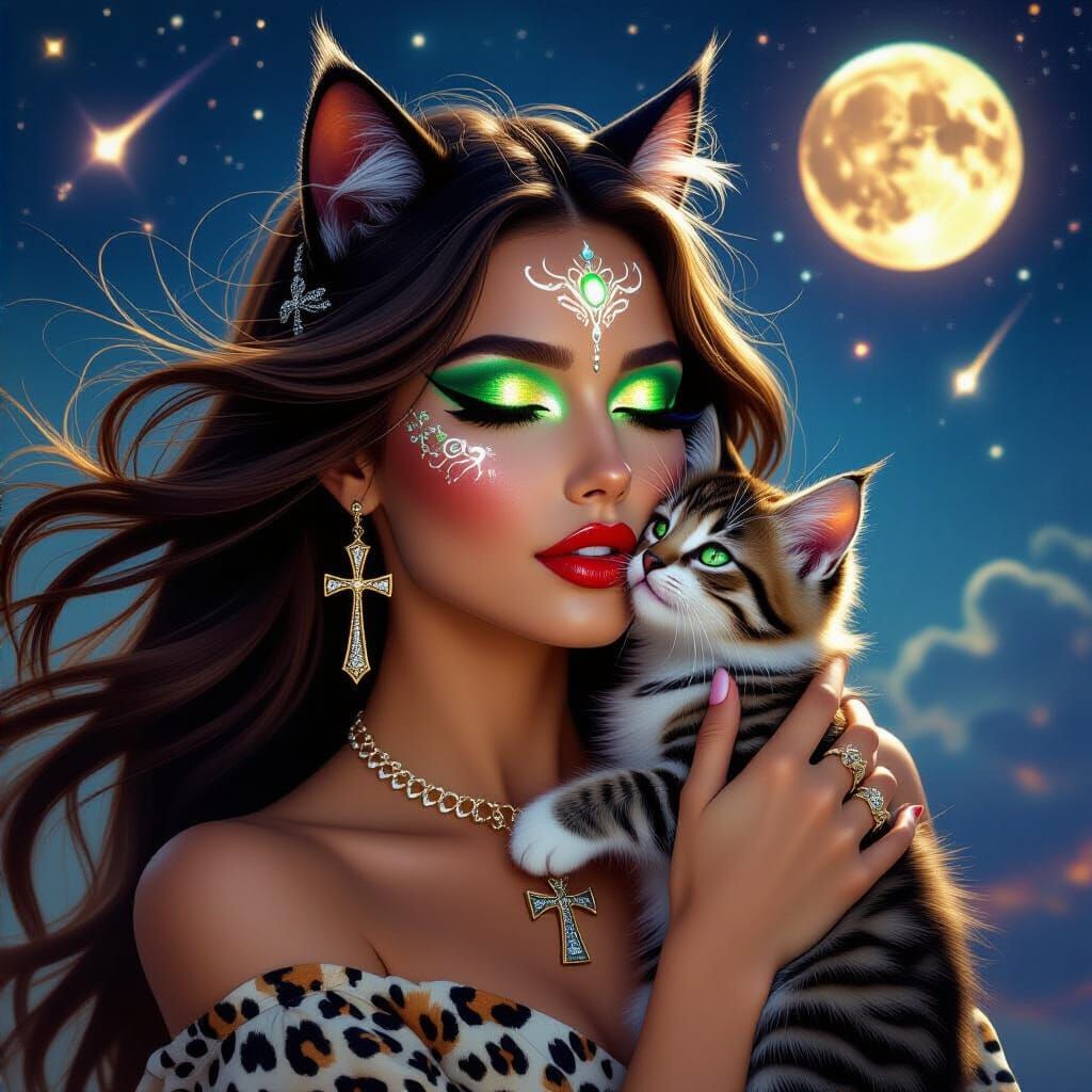 Goddess with Cat Features in Cosmic Setting