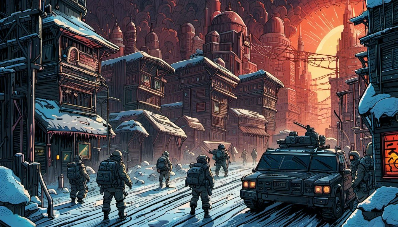 Dystopian Military Patrol in Snowbound City