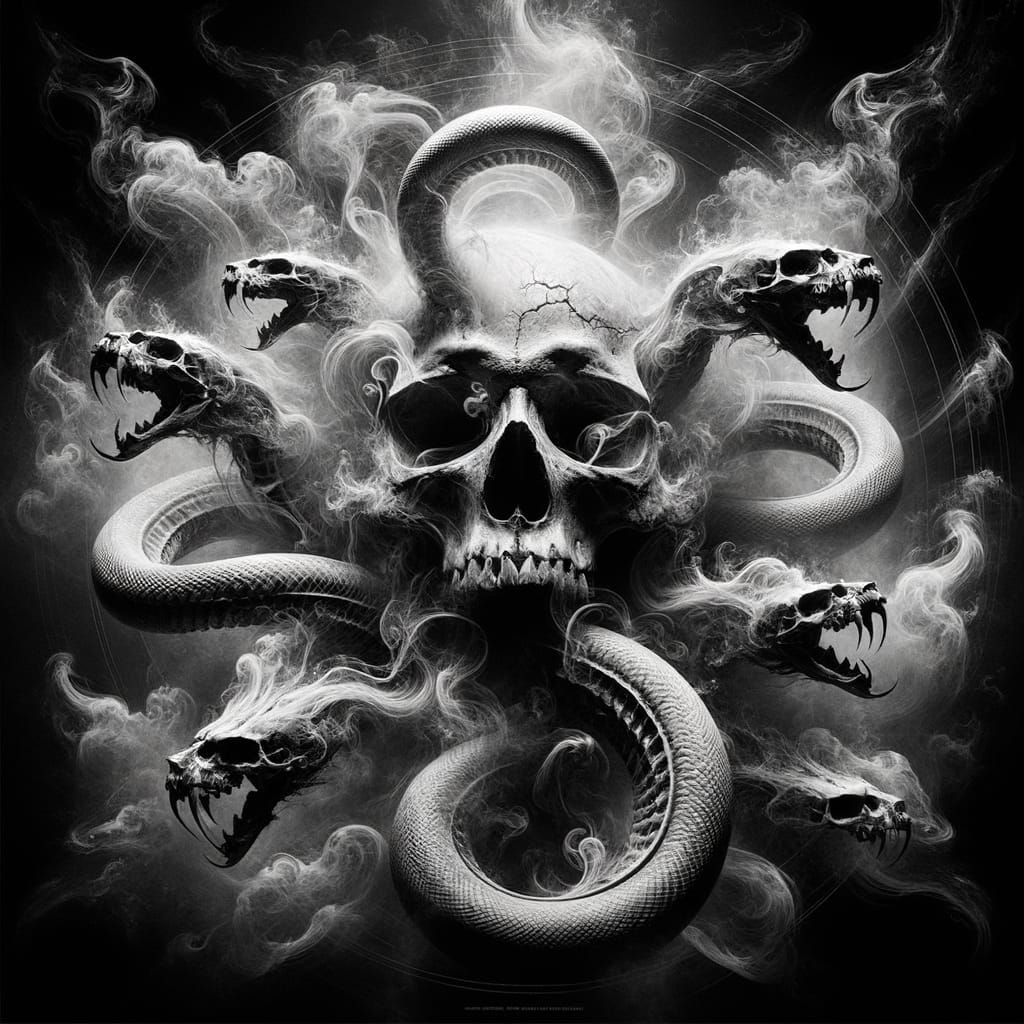 Eerie Skull with Smoke Serpents in Black and White