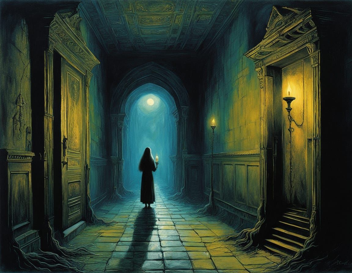 Surreal Candlelit Corridor with a Mysterious Young Woman