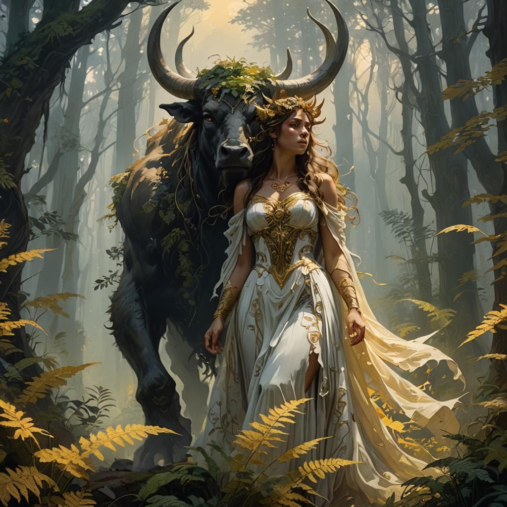 Minotaur's Misty Forest Search: Fantasy Art Nouveau
