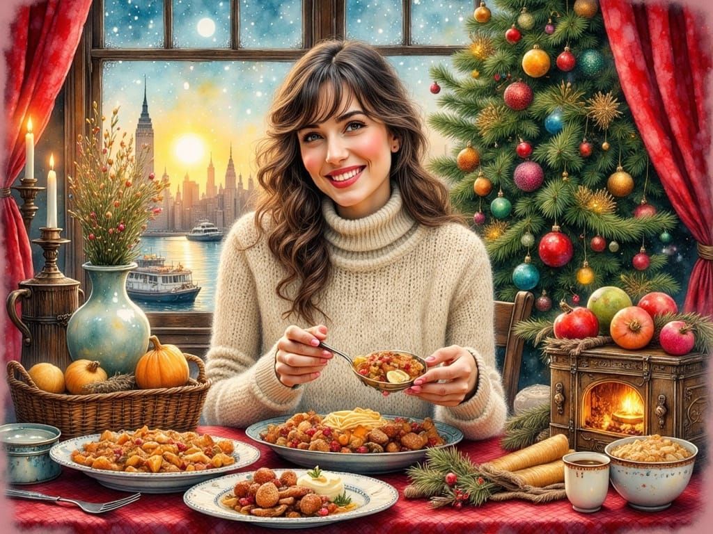 Whimsical Christmas Gathering in Ink Drawing Style