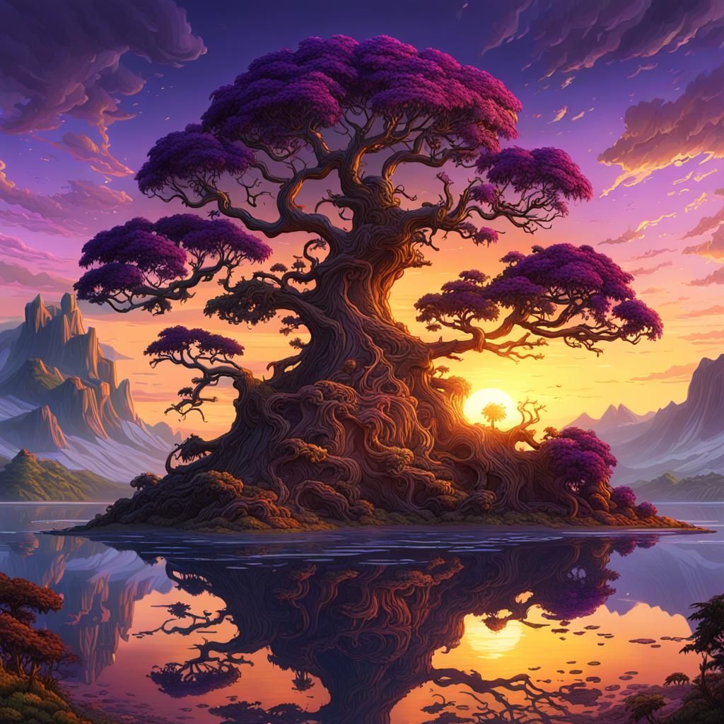 Island Sunset with Intricate Tree, Dark Fantasy Art