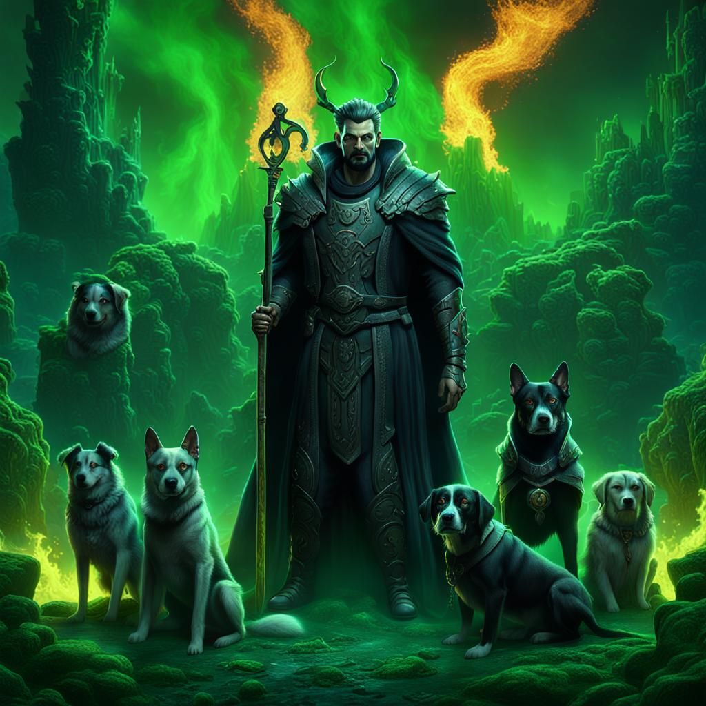 Hades in the Underworld, Surrounded by Fiery Canine Companio...