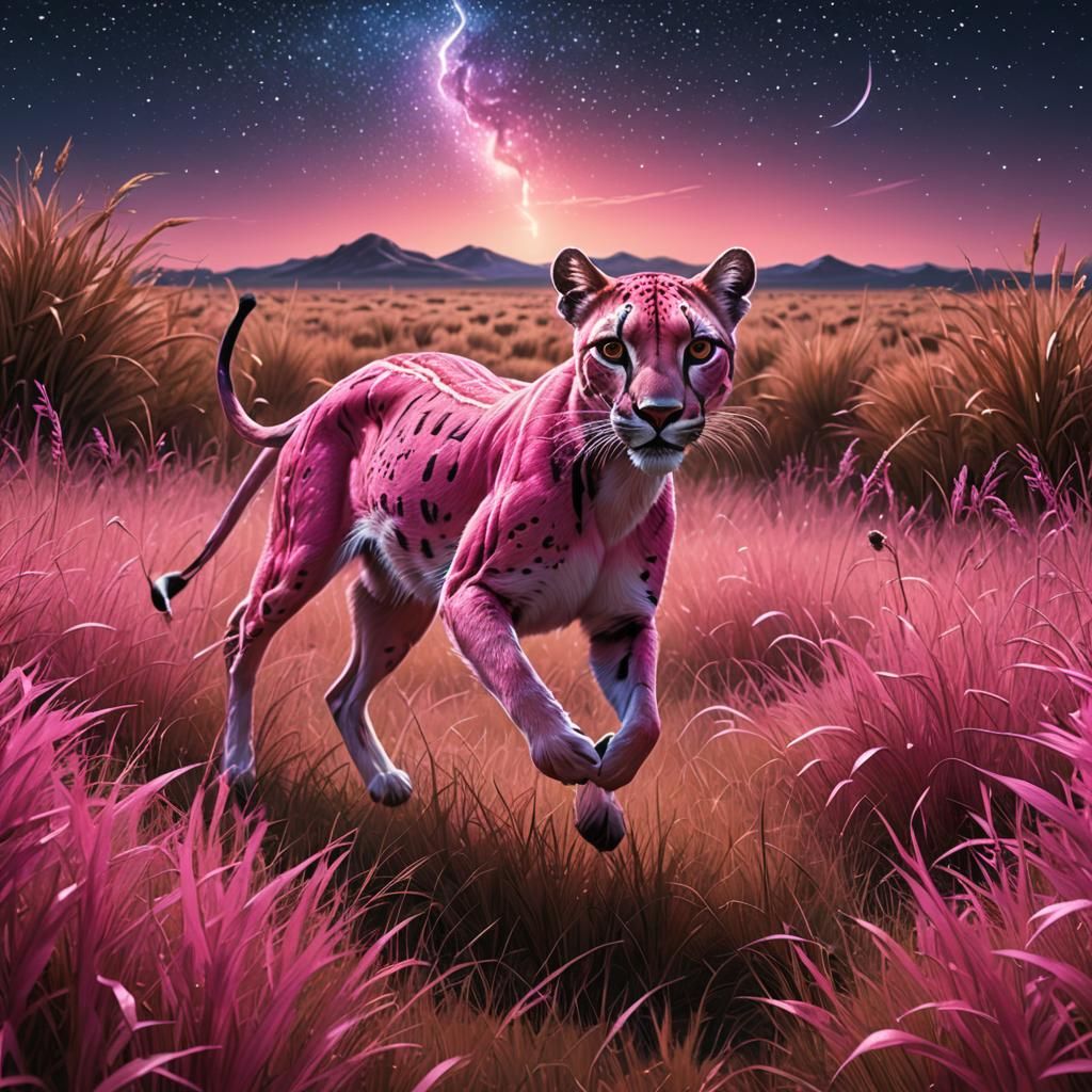 Pink Panther Stalking Antelope Under Starry Night