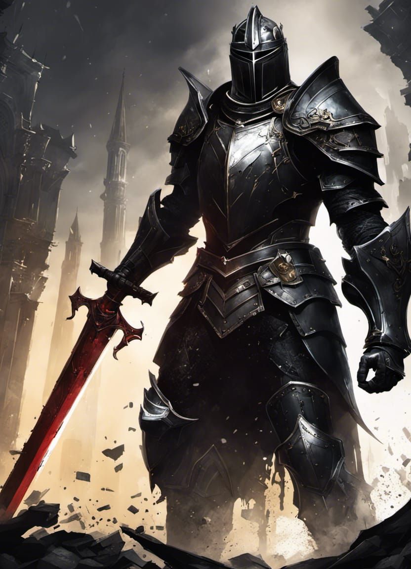 Gritty Black Knight in Shadowy Splash Art Style