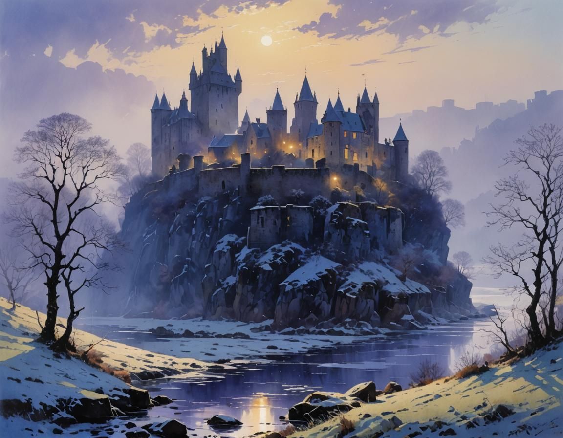 Castle Ruins in Icy Morning Mist