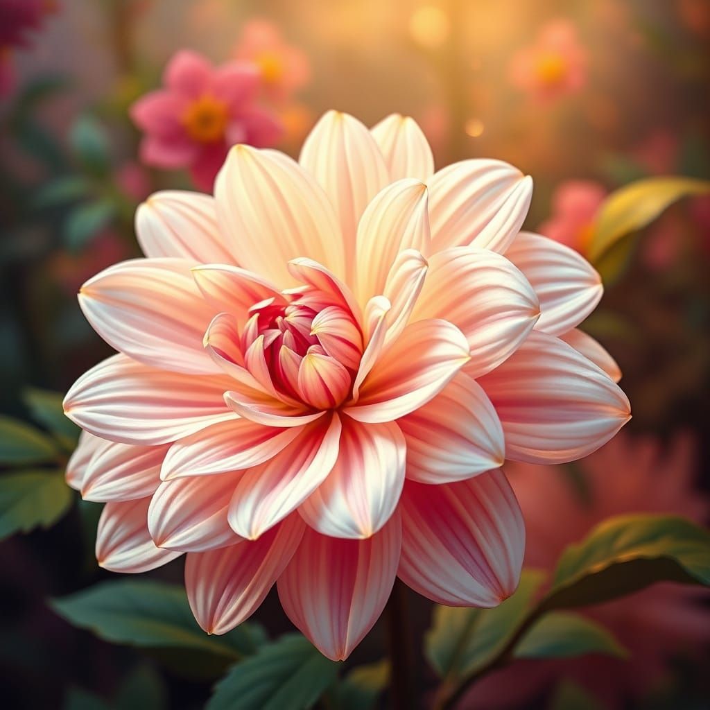 Dahlia Bloom in Romantic Garden with Golden Dew Drops and Ar...