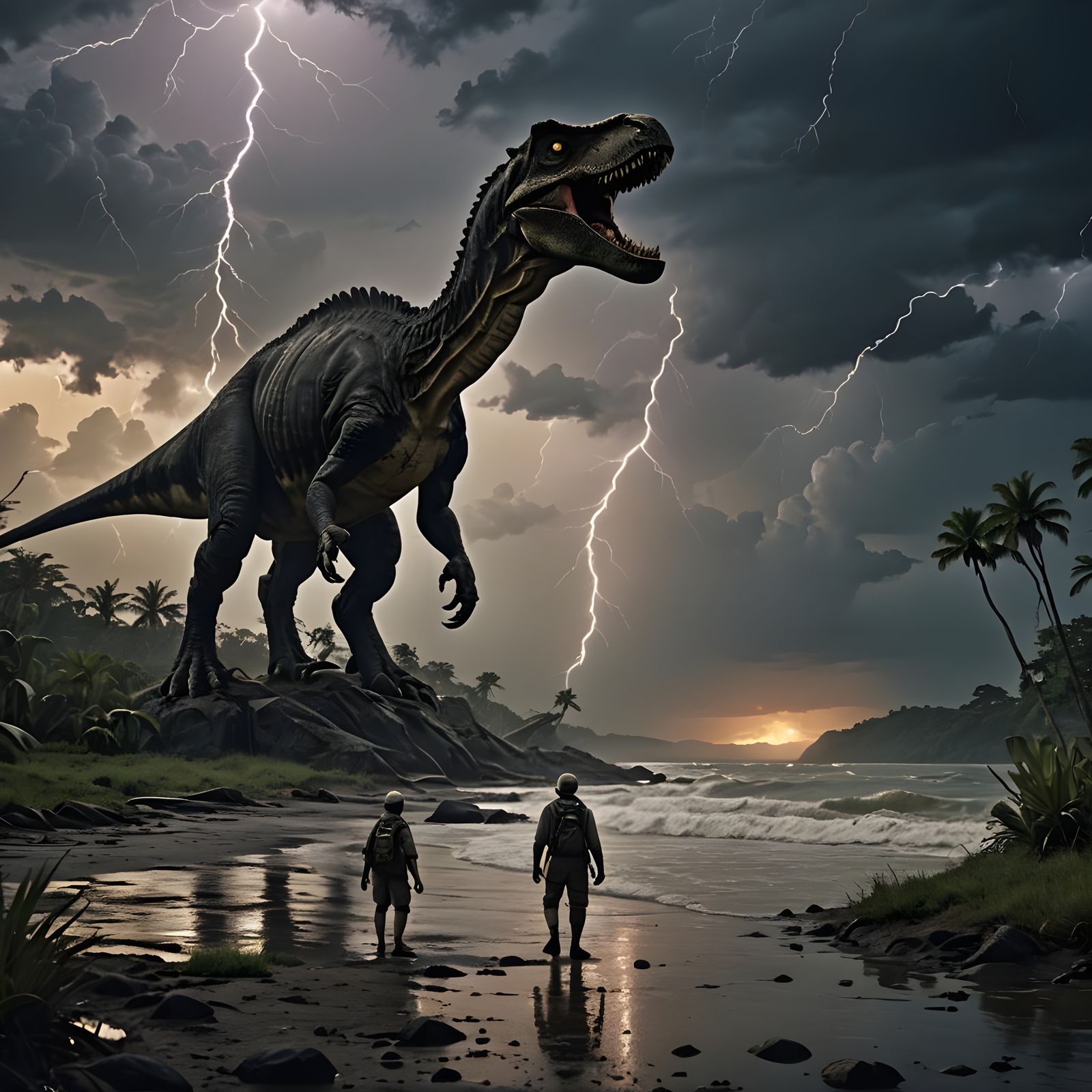 Dramatic Prehistoric Landscape with Dinosaurs in Silhouette