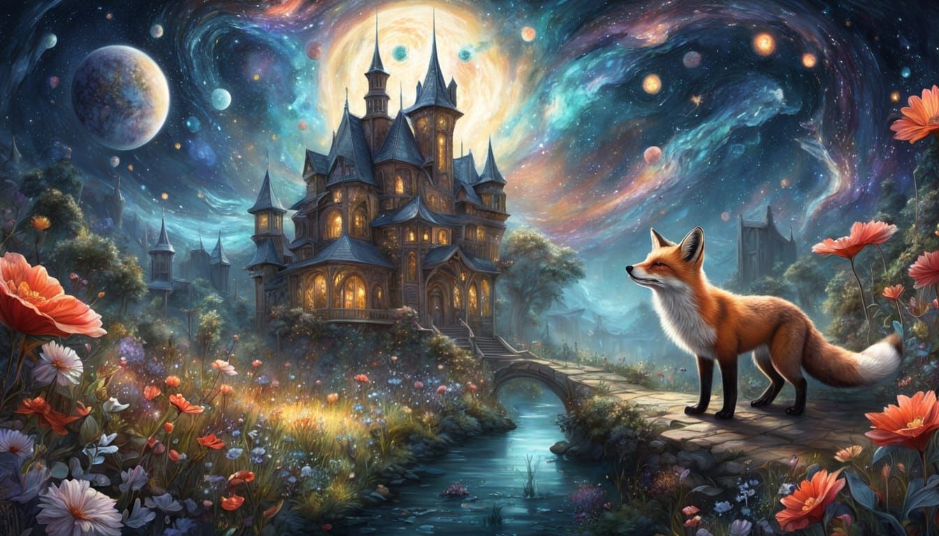 Red Fox in Enchanted Galaxy Garden