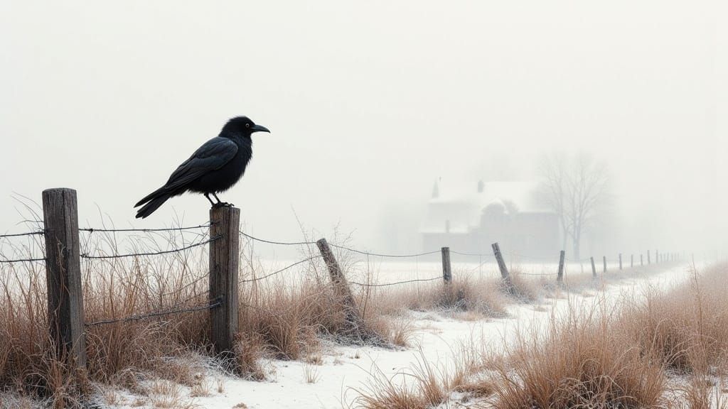 Crow in Foggy Landscape, Realistic Painting Style