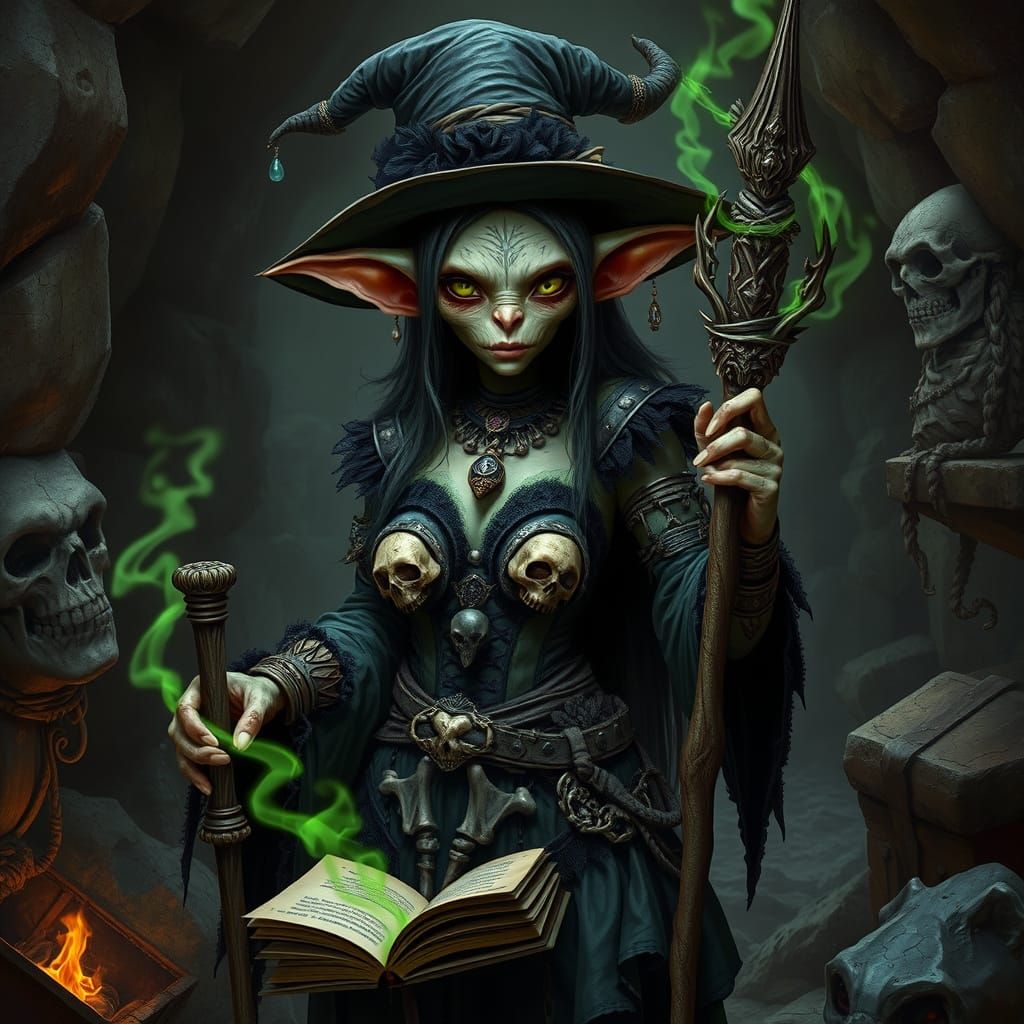 Goblin Witch in Treasure Cave: Hyperrealistic Dark Fantasy