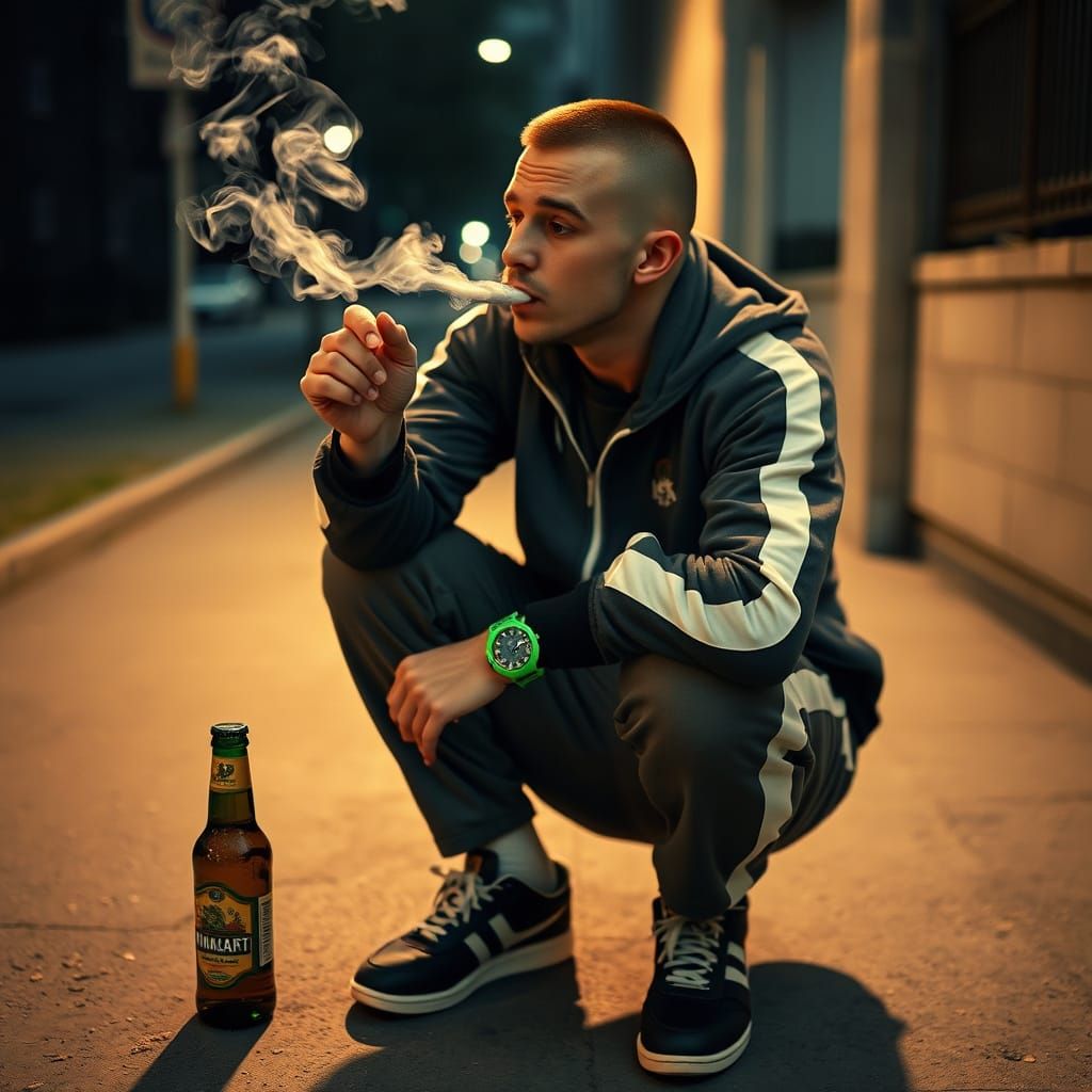 Gritty Slavic Man in Sporty Attire, Wearing Retro-Style Watc...