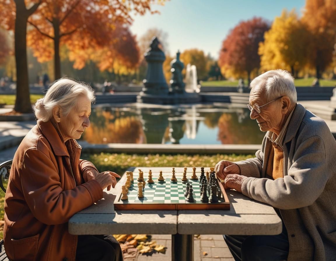 Elderly Couple Playing Chess on Autumn Afternoon