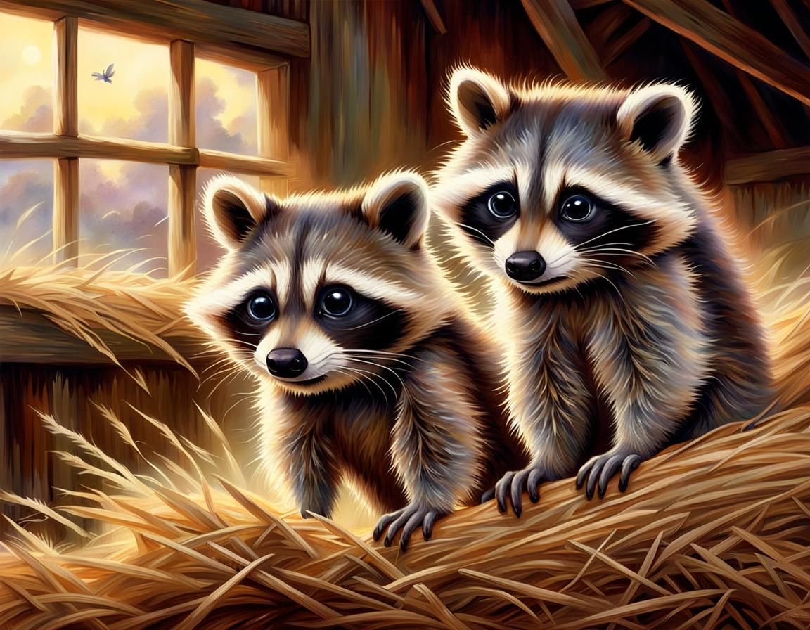 Big-Eyed Raccoons Explore Hay Loft, Fantasy Art