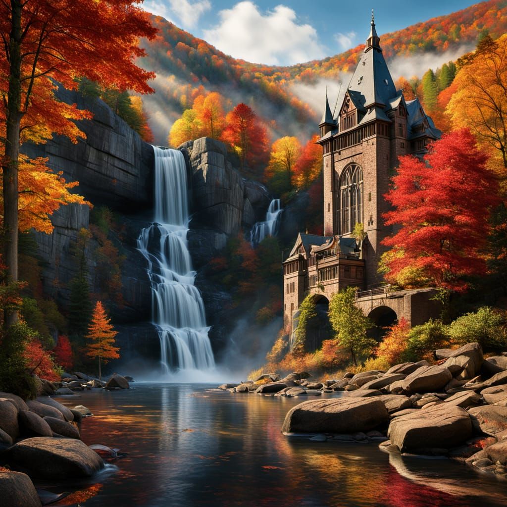 Majestic Autumn Waterfall with Ethereal Glow