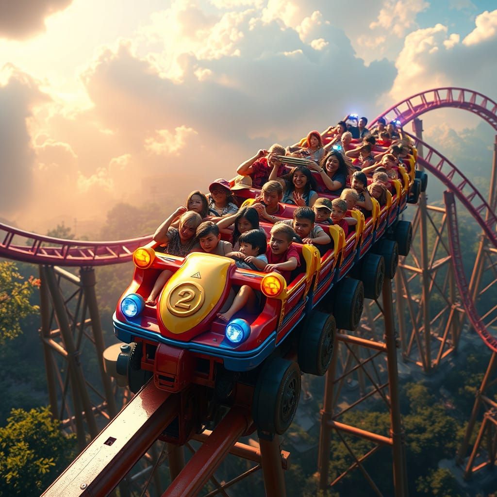 Epic Cinematic Roller Coaster Scene in Maximalist Digital Ar...