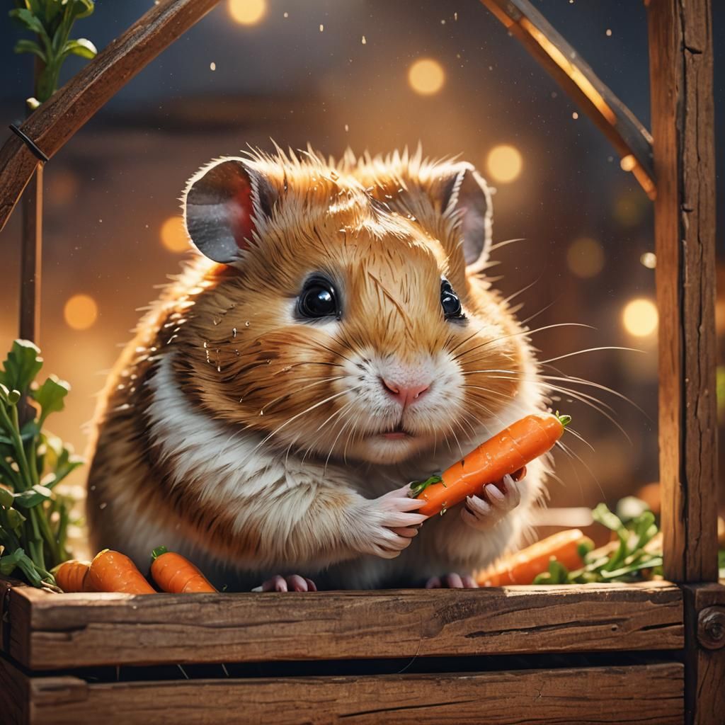 Adorable Hamster Eating Carrot: Whimsical Digital Art