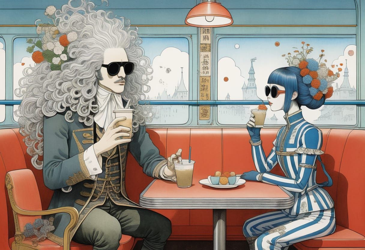 Retro-Futuristic Diner Scene with Cyborg and Dandy