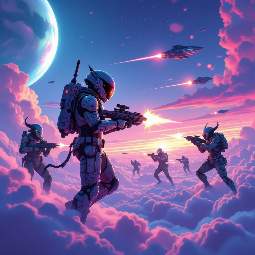 Neon Alien Planet Bounty Hunter in Vaporwave Style