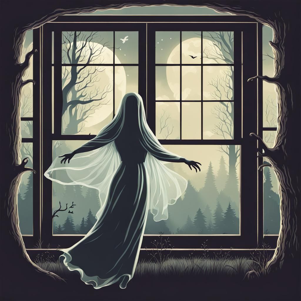Ethereal Ghost Lady Flying in Forest Window