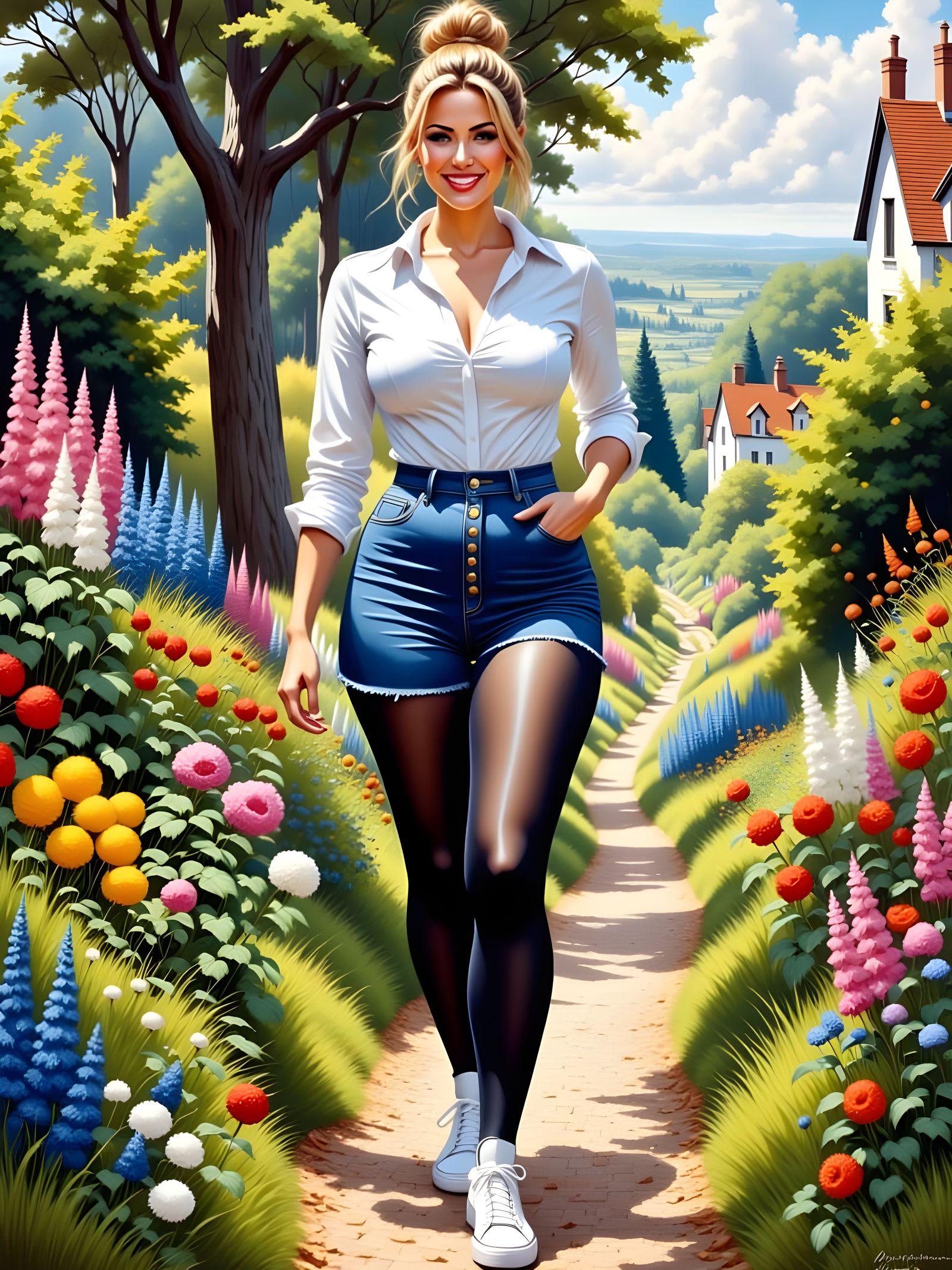 Curvy Woman Walks in Picturesque Landscape: Art Nouveau Styl...