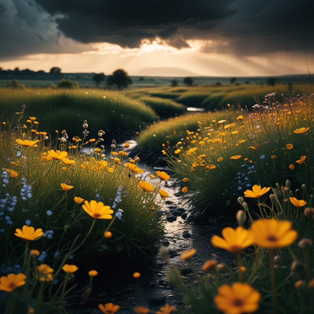 Wildflower Field Under Summer Rain: Hyperrealistic Photograp...