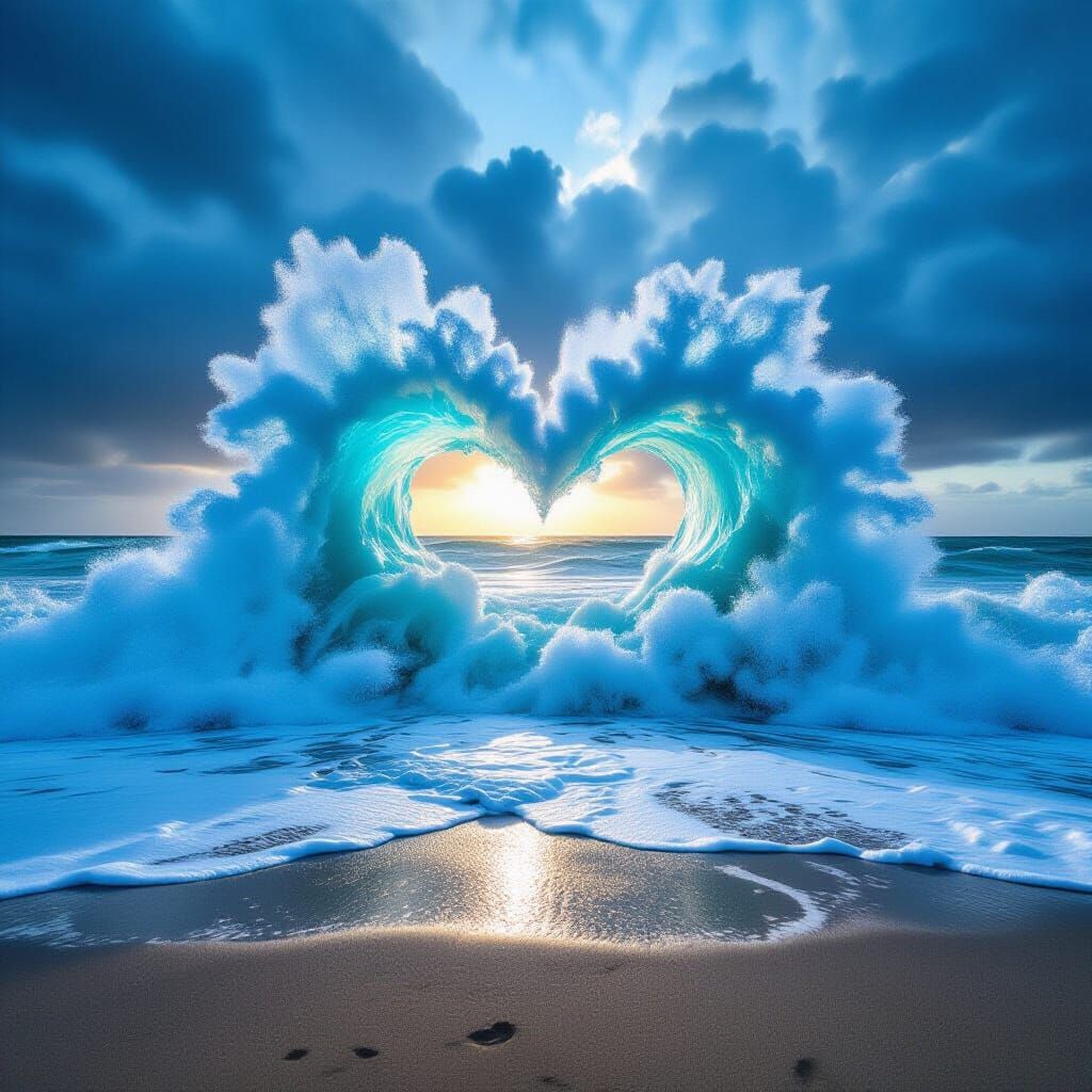 Turbulent Waves Form Heart Shape on Stormy Beach