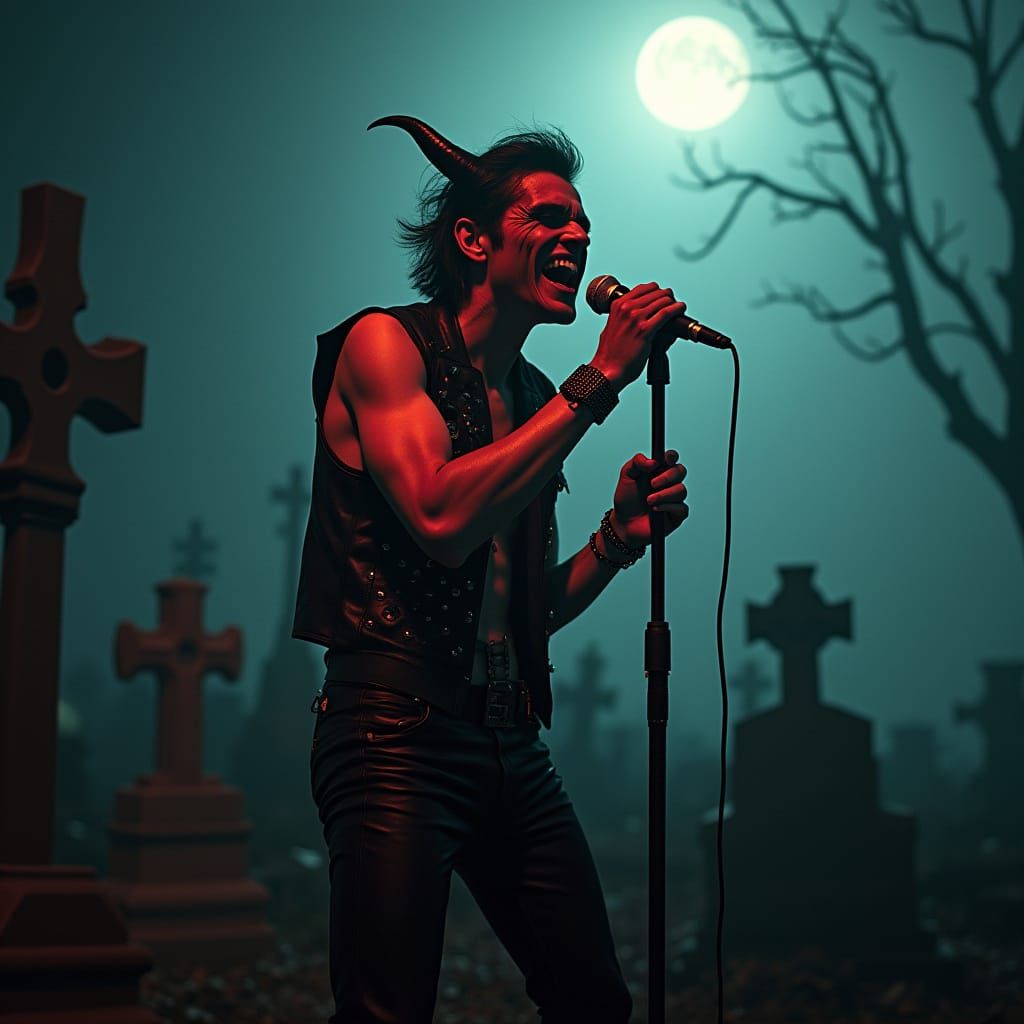 Demonic Metal Singer in Cemetery, Photorealistic Style