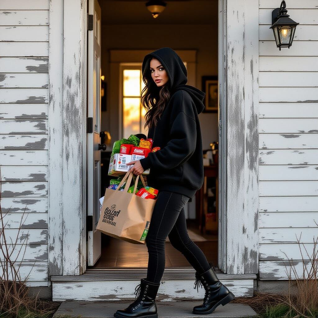 Woman Carries Groceries at Dawn in Old House