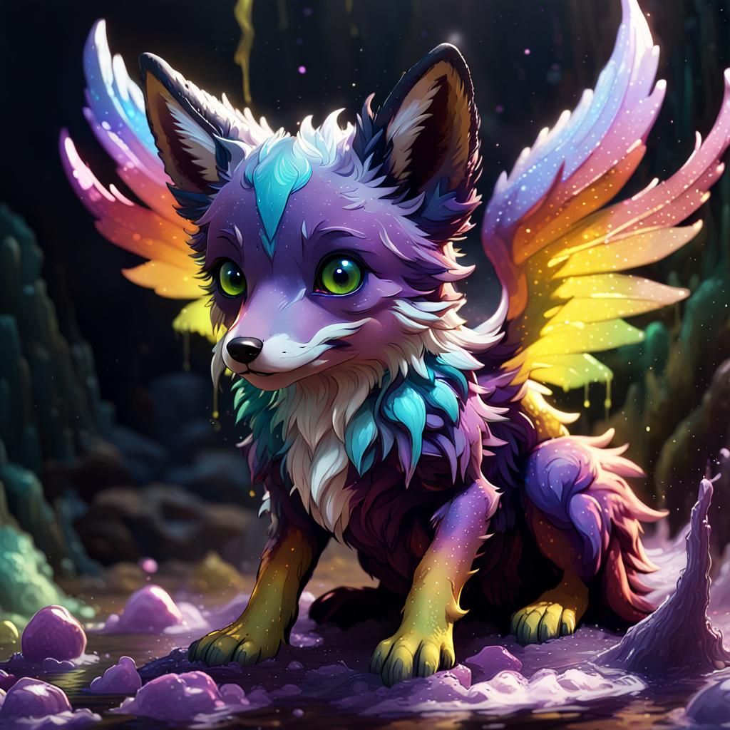 Rainbow Winged Slime Fox Pup in Dark Fantasy