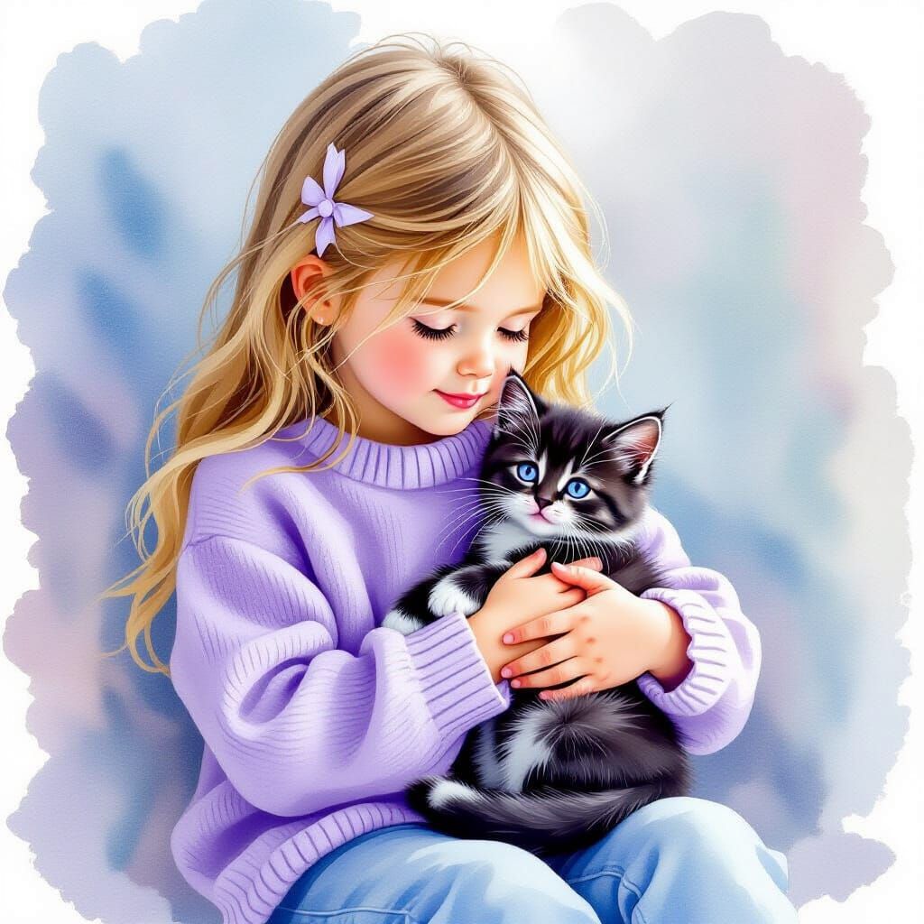 Child Cradles Kitten with Purple Eyes in Watercolor Style