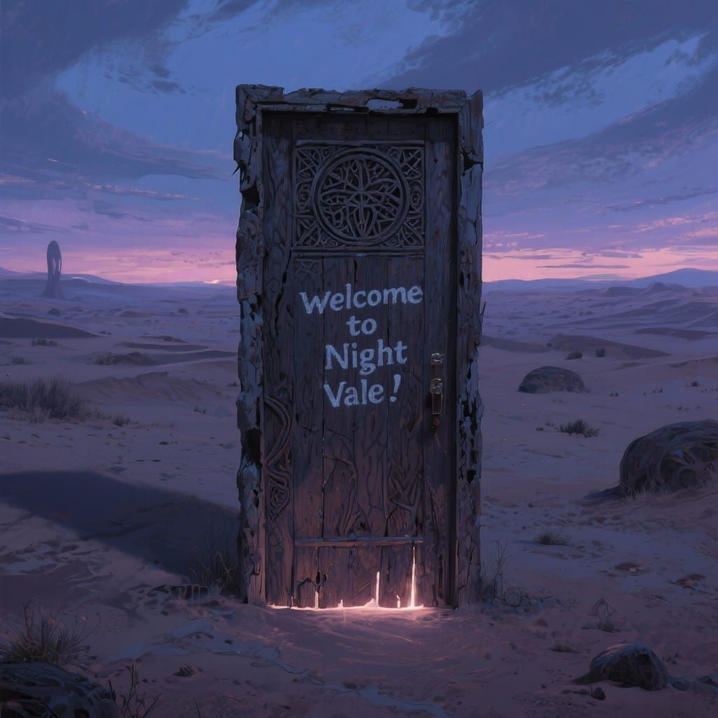 Ancient Oak Door in Desolate Desert, Cosmic Horror Style