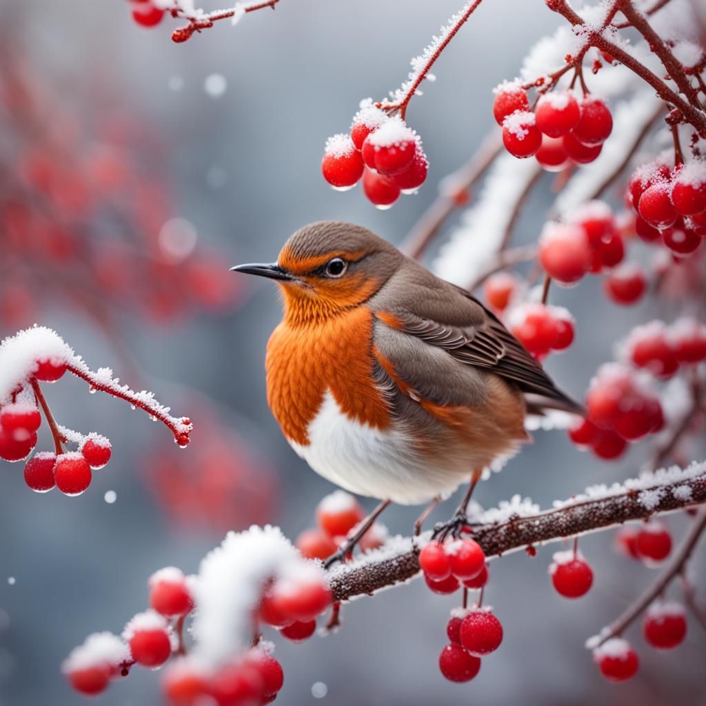 Red Robin in Winter Berry Bush