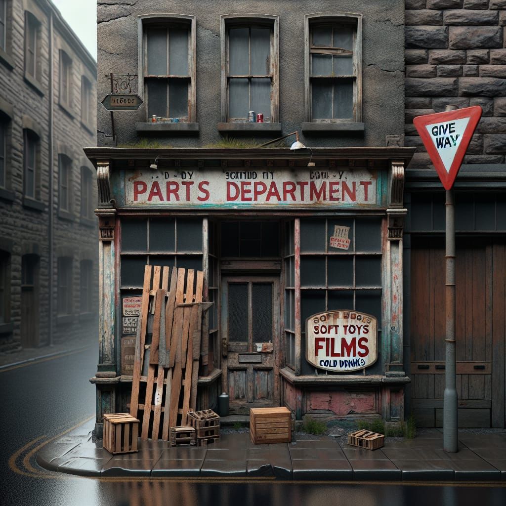 Derelict Shopfront on Wet Street with Weathered Facade