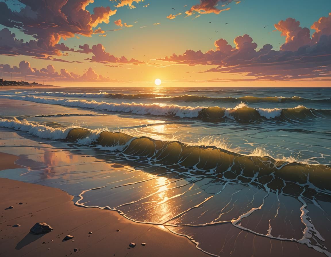 Majestic Beach Sunset in Digital Painting Style
