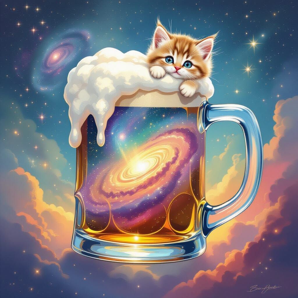 Giant Beer Mug Nebula With Kitten, Whimsical Illustration