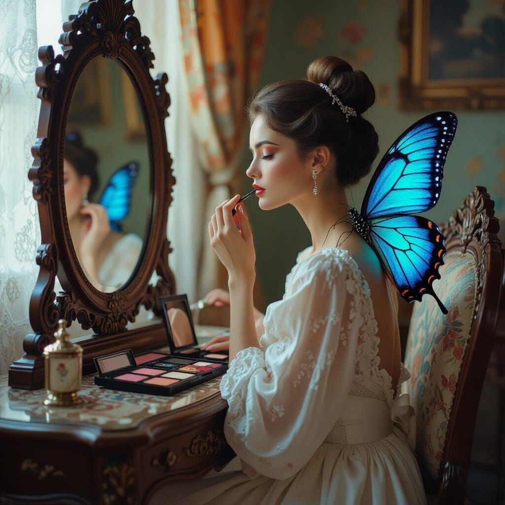 Butterfly Winged Woman Applying Makeup in Cinematic Lighting