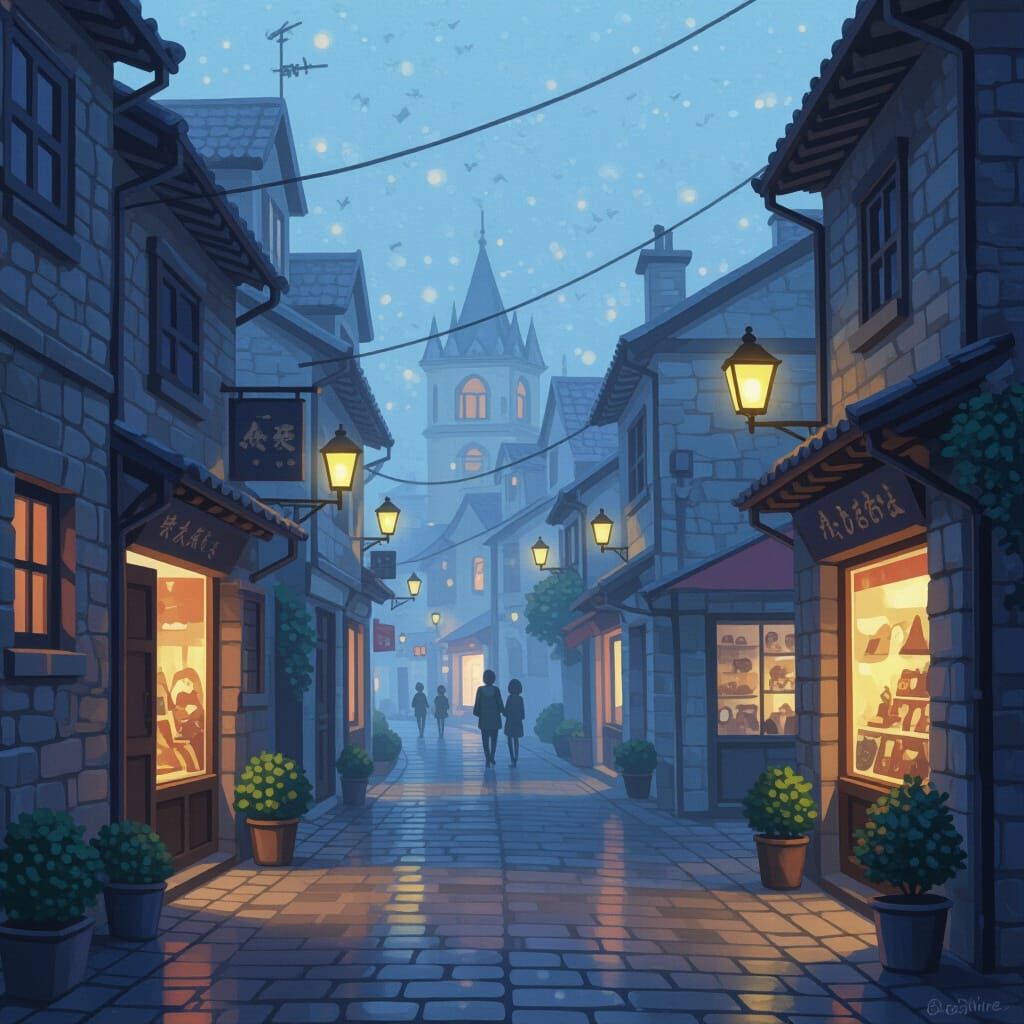 Dreamy Misty Street at Dusk in Painterly Style