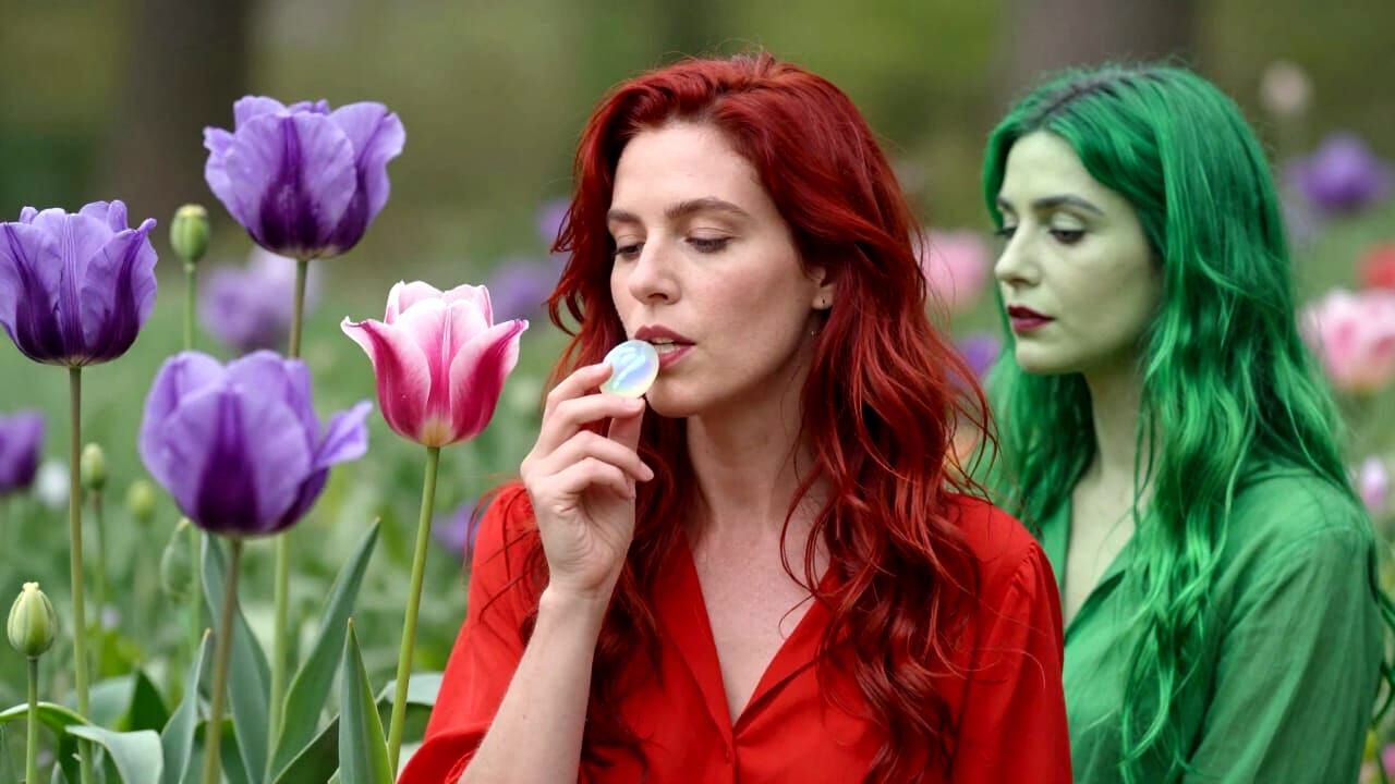 Woman in Red and Green Amidst Opalescent Flowers