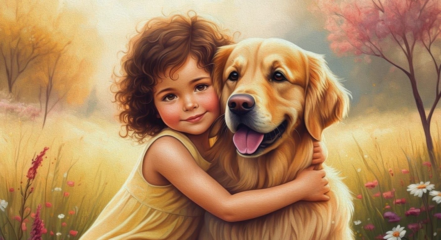 Child Hugging Dog in Romantic Meadow Painting