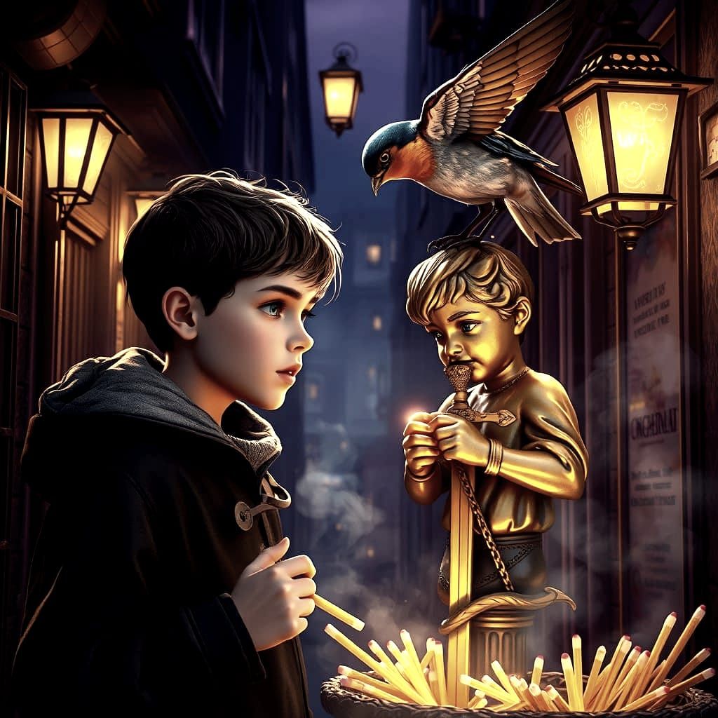 Victorian Christmas Scene with Golden Statue