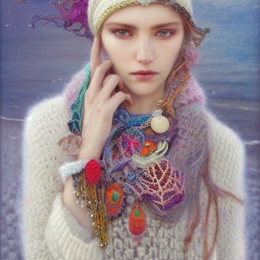 Dreamy Woman in Crochet Balaclava: Art Nouveau Portrait
